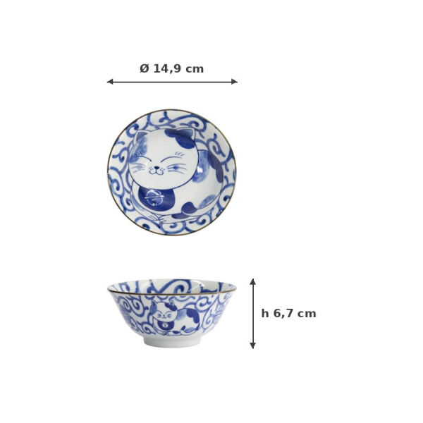 Tayo Bowl Kawaii Cat Neko Blue (Blue/White), Porcelain, Ø 14.9 × 6.7 cm, 500 ml, Item No. 33414