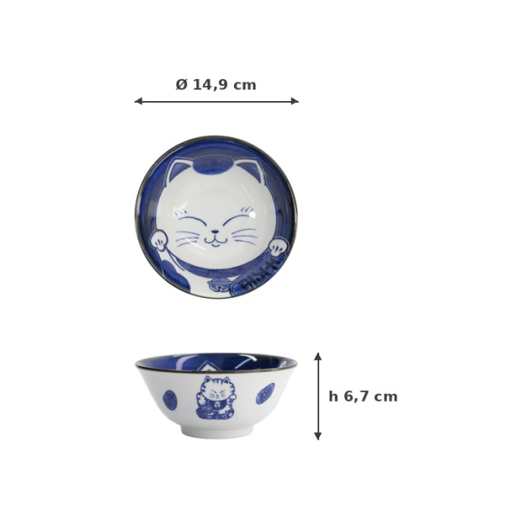Tayo Bowl Kawaii Cat Neko Blue (Blue/White), Porcelain, Ø 14.9 × 6.7 cm, 500 ml, Item No. 33415