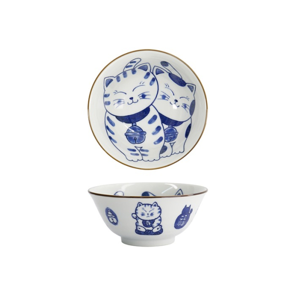 Tokyo Design Studio Tayo Bowl Kawaii Cat Neko Blue (Blue/White), Porcelain, Ø 14.9 × 6.7 cm, 500 ml