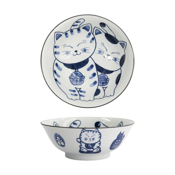 Tokyo Design Studio Ramenschale Kawaii Cat Neko Blau (Blau/Weiß), Porzellan, Ø 19,7 × 7,5 cm, 1 l