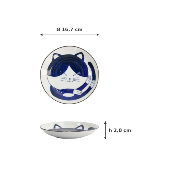 Plate Kawaii Cat Neko Blue/White, Porcelain, Ø 16.7 × 2.8 cm, Item No. 33494