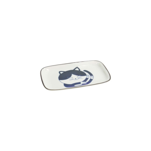 Rectangular Plate Kawaii Cat Neko D Blue/White, Porcelain, 16.3 × 10.2 cm, Item No. 33495