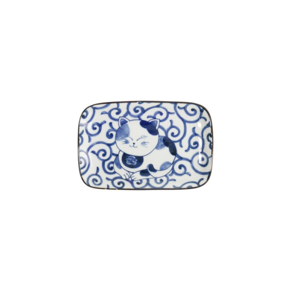 Rectangular Plate Kawaii Cat Neko E Blue/White, Porcelain, 16.3 × 10.2 cm, Item No. 33498