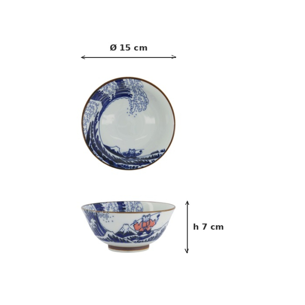 Tayo Bowl Kawaii Wave Cat Blue/Red, Porcelain, Ø 15 × 7 cm, Item No. 33598