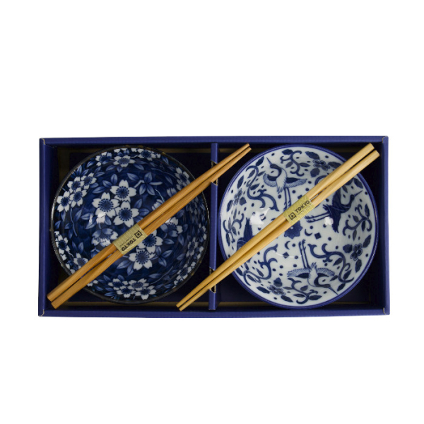 TDS, Tayo Bowl Gift set, 2 Pcs w/Chopsticks, Tokyo Blue, Ø 15x7cm 500ml, Item No. 33745