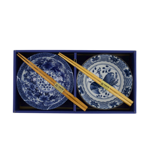 TDS, Tayo Bowl Giftset, 2 Pcs w/Chopsticks, Mixed Bowls, Blue/White, Ø 15x7cm 500ml, Item No. 33751