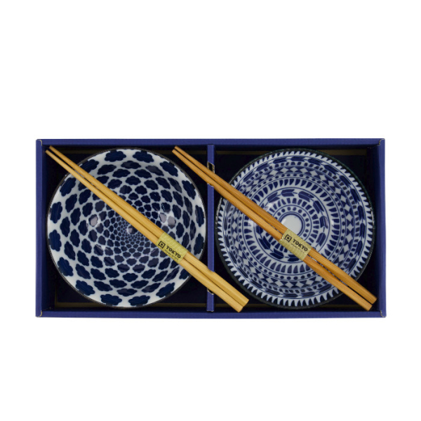 TDS, Tayo Bowl Giftset, 2 Pcs w/Chopsticks, Mixed Bowls, Blue/White, Ø 15x7cm 500ml, Item No. 33753