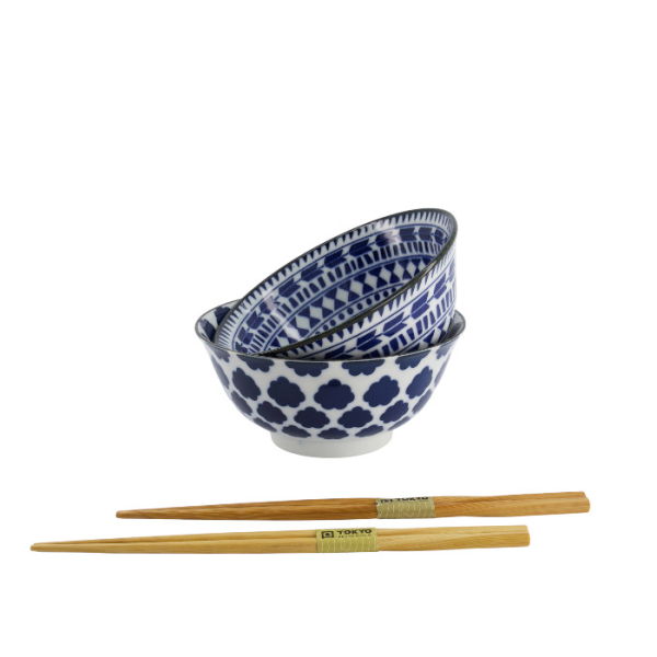 TDS, Tayo Bowl Giftset, 2 Pcs w/Chopsticks, Mixed Bowls, Blue/White, Ø 15x7cm 500ml, Item No. 33753