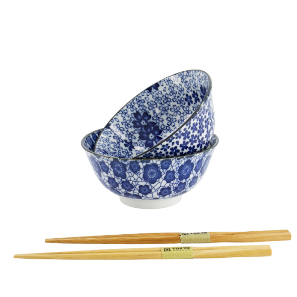 TDS, Tayo Bowl Giftset, 2 Pcs w/Chopsticks, Mixed Bowls, Blue/White, Ø 15x7cm 500ml, Item No. 33754