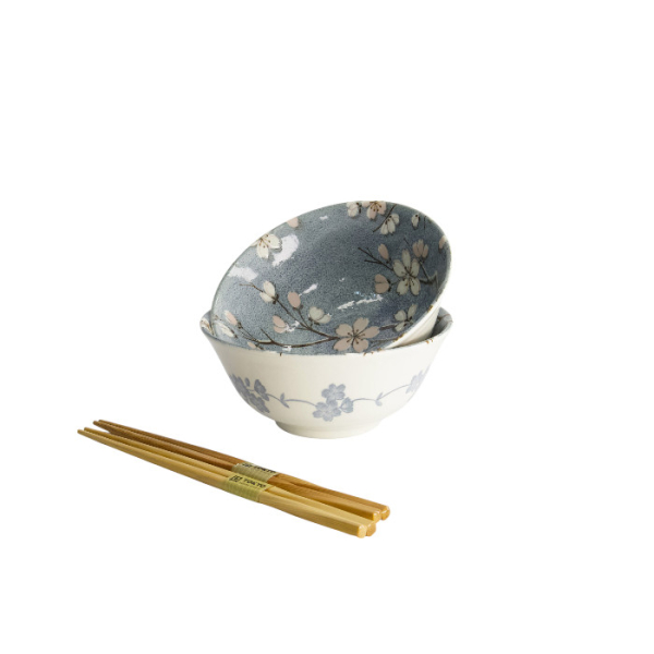 TDS, Tayo Bowl Giftset, 2 Pcs w/Chopsticks, Fujisakura, Grey, Ø 15.5x7cm 500ml, Item No. 33782