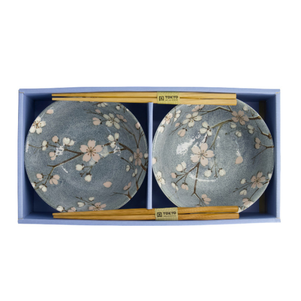 TDS, Tayo Bowl Giftset, 2 Pcs w/Chopsticks, Fujisakura, Grey, Ø 15.5x7cm 500ml, Item No. 33782