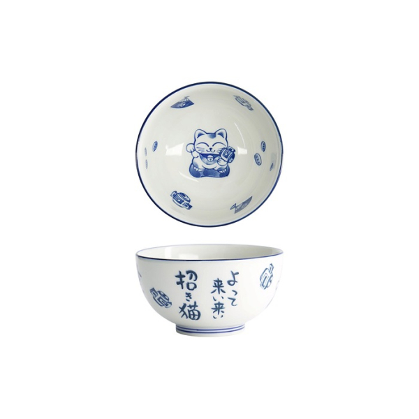 Tokyo Design Studio Schale Kawaii Lucky Cat Okonomi Blau/Weiß, Porzellan, Ø 13 × 7,2 cm, 500 ml