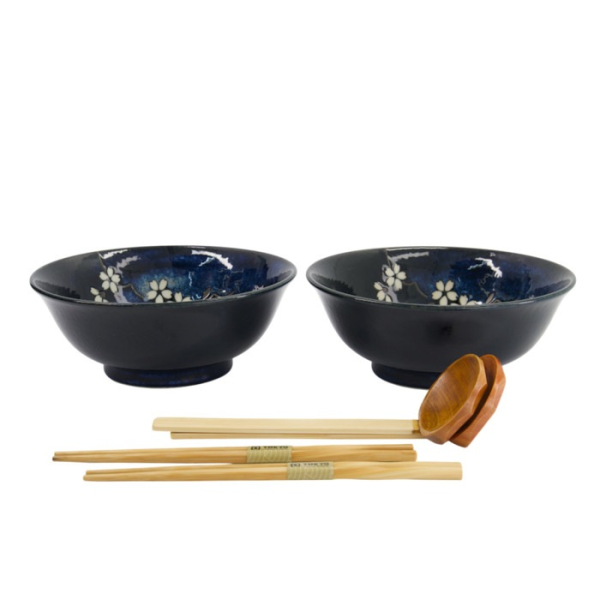 Ramen Bowl Gift Set Cobalt Blue Sakura, Porcelain, Ø 20.5 × 8 cm, 1.2 l, Item No. 33937