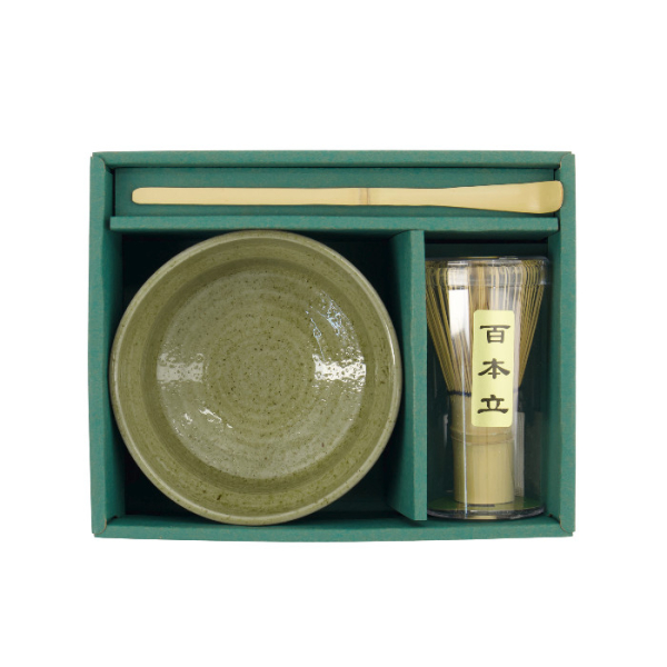 TDS, Matcha Bowl Giftset , 3-piece set, 12.5x7.2cm, Yomogi Green, Item No. 34060
