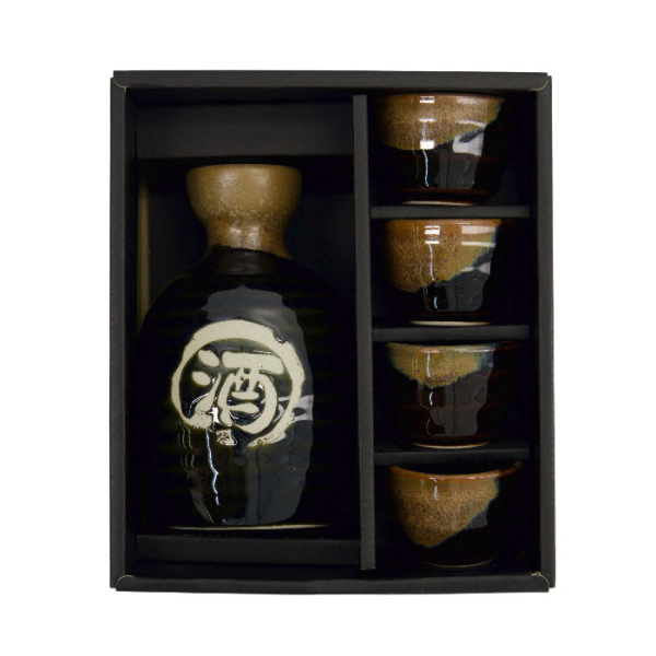 TDS, Sake Set 1:4, 5-tlg., Tenmoku Kessho, Ø 8,5x14cm 360ml + Ø 5,4x3,4cm 40ml, Art.-Nr. 34305