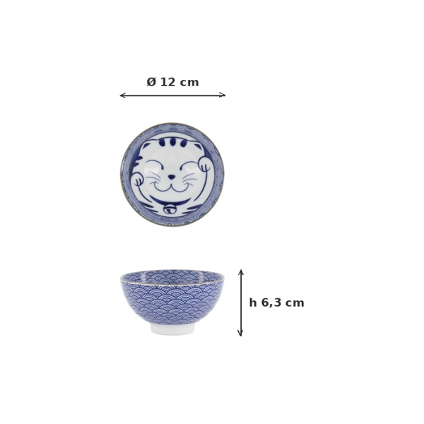 Reisschale Kawaii Lucky Cat Neko Seikaiha-Neko Blue, Porzellan, Ø 12 × 6,3 cm, Art.-Nr. 617621