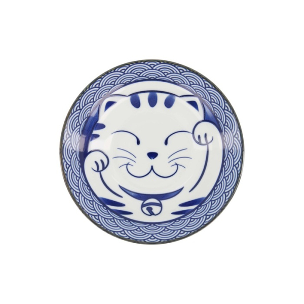 Pastateller Kawaii Lucky Cat Neko Seikaiha-Neko Blue, Porzellan, Ø 21,3 × 4,7 cm, Art.-Nr. 617638