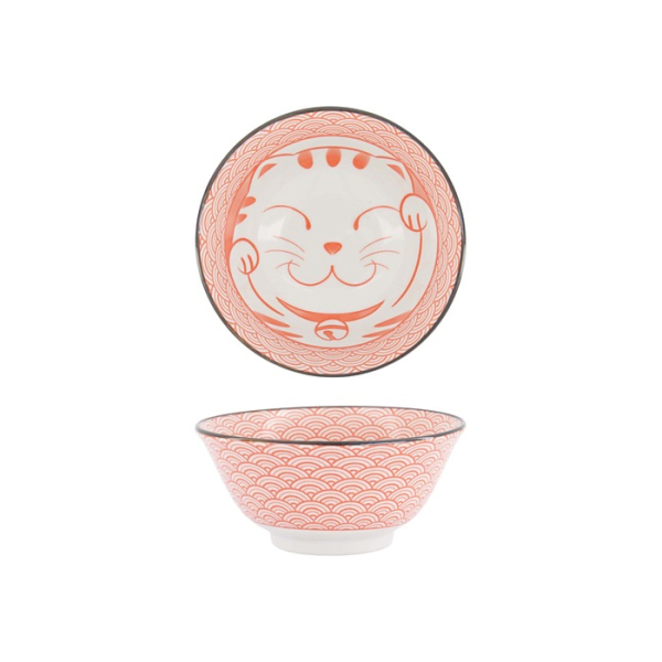 Tokyo Design Studio Tayo Bowl Kawaii Lucky Cat Neko Seikaiha-Neko Red, Porcelain, Ø 15 × 7 cm, 550 ml