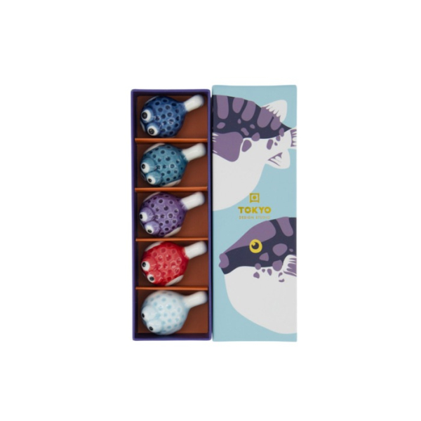 Chopstick Rest Set Kawaii Fugu Multicoloured, 5 pcs, Porcelain, Item No. 618048