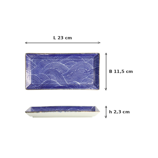 Sushi-Platte Seigaiha Blau/Braun, Porzellan, 23 × 11,5 cm, Art.-Nr. 14159