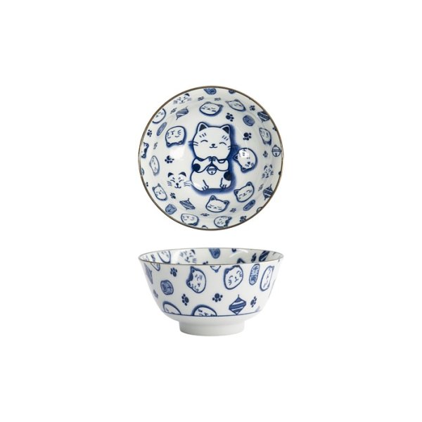 Tokyo Design Studio Bowl Kawaii Lucky Cat Neko Blue (White/Blue), Porcelain, Ø 12.7 × 6.8 cm, 300 ml