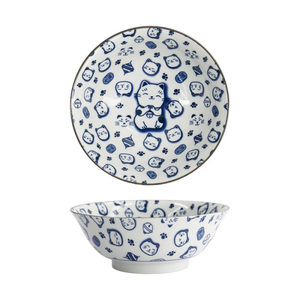 Tokyo Design Studio Ramenschale Kawaii Lucky Cat Neko Blau/Weiß, Porzellan, Ø 19,5 × 7,4 cm, 1 l