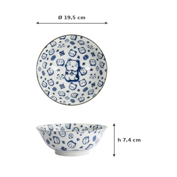 Ramen Bowl Kawaii Lucky Cat Neko Blue/White, Porcelain, Ø 19.5 × 7.4 cm, 1 l, Item No. 16125