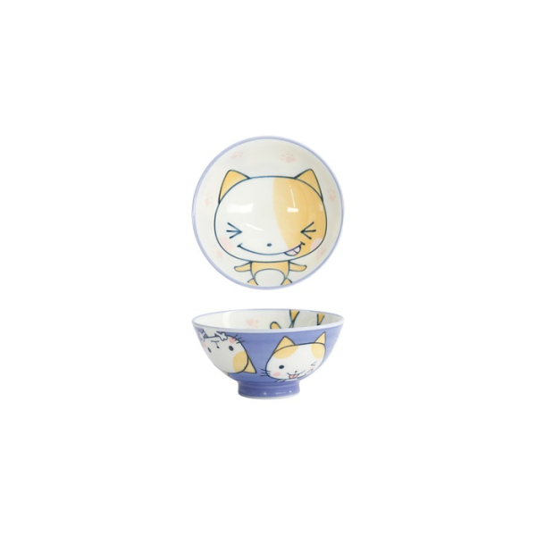Tokyo Design Studio Reisschale Kawaii Katze Neko Blau (Weiß/Blau), Porzellan, Ø 10,5 × 5 cm, 200 ml