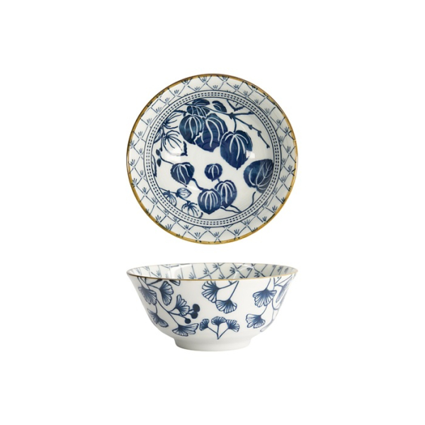 Tokyo Design Studio Reisschale Flora Japonica Ivy Blau/Weiß, Porzellan, Ø 14,8 × 7 cm, 500 ml