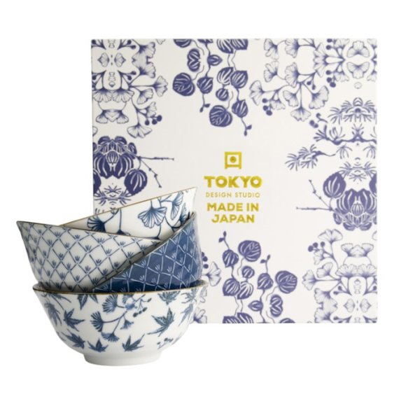 Tokyo Design Studio Schalen-Set Flora Japonica Blau/Weiß, Porzellan, Ø 14,8 × 7 cm, 500 ml