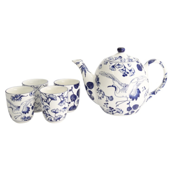 Teekanne mit 4 Teebechern Flora Japonica Blau/Weiß, 5-tlg., Porzellan, 1,3 l, Art.-Nr. 16733