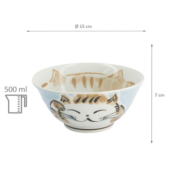 TDS, Rice Bowl, Kawaii Fuku Cat Neko, Blue, Ø 15x7cm 500ml, Item No. 16899