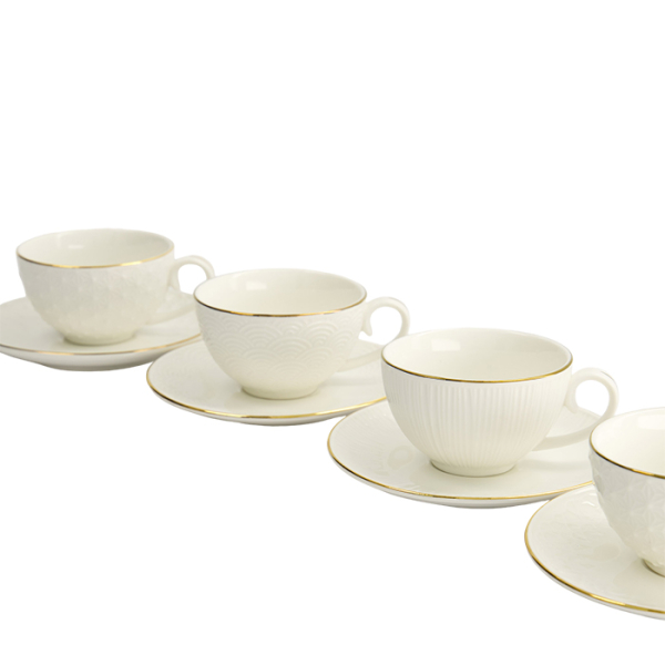 Tassen-Set mit Untertassen Nippon White Goldrand Weiß in Geschenkbox, 8-tlg., Porzellan, 180 ml, Art.-Nr. 16983