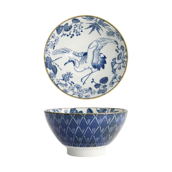 Tokyo Design Studio Bowl Flora Japonica Crane Blue/White, Porcelain, Ø 18 × 8.7 cm, 950 ml