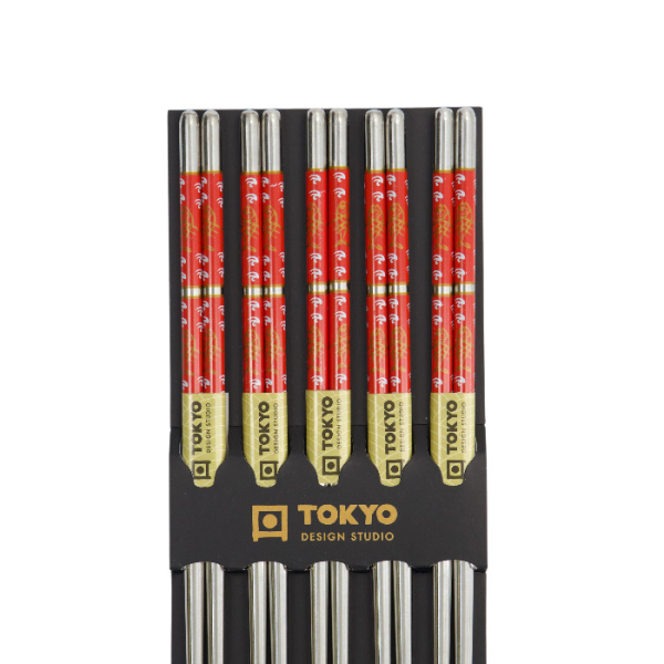 Chopsticks, Stainlees Steel, 5 pair, 23 cm, Red, Item No- 17907