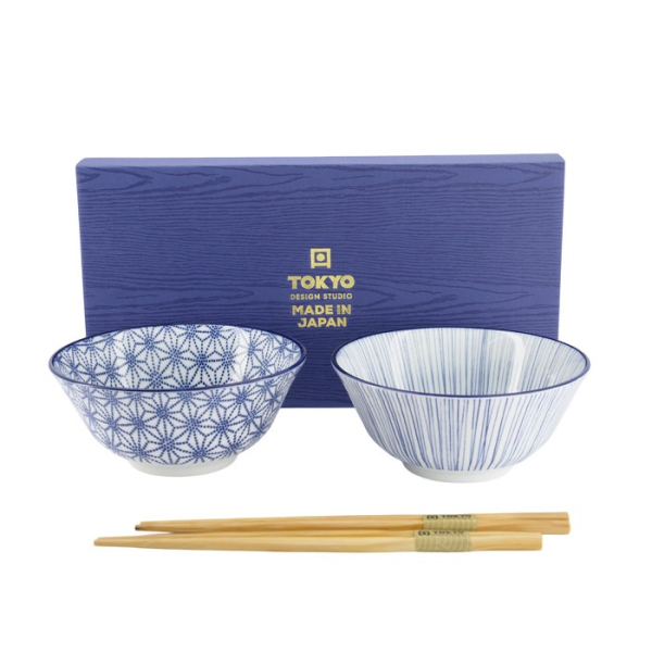 Tokyo Design Studio Tayo-Schalen-Geschenkset mit Essstäbchen Nippon Blue (Blau/Weiß), Porzellan, Ø 15,2 × 6,7 cm, 500 ml