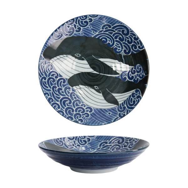 Tokyo Design Studio Pasta Plate Kawaii Ohira Whale Blue/White, Porcelain, Ø 21.7 × 5.3 cm, 800 ml
