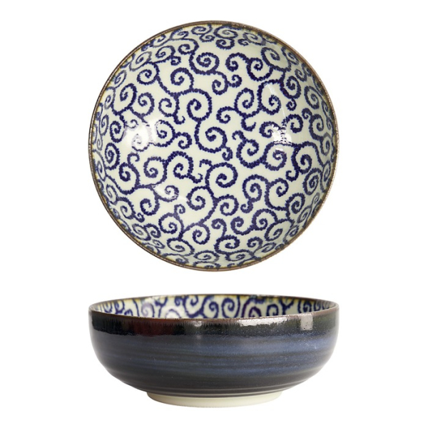 Tokyo Design Studio Nudelschale Ten Karakusa Blau/Weiß, Porzellan, Ø 21,5 × 8 cm, 1,85 l