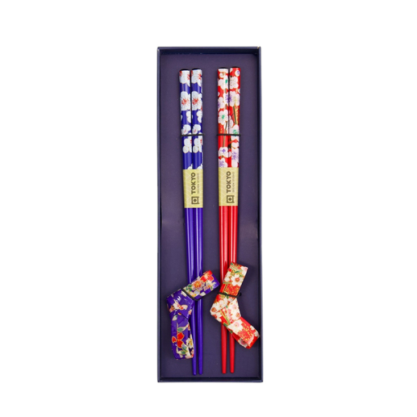 TDS, Chopstick Set, Red & Blue Flower,  Washi Bow incl. chopstick rests, 2 pair, 22,5 cm, Item No. 20907