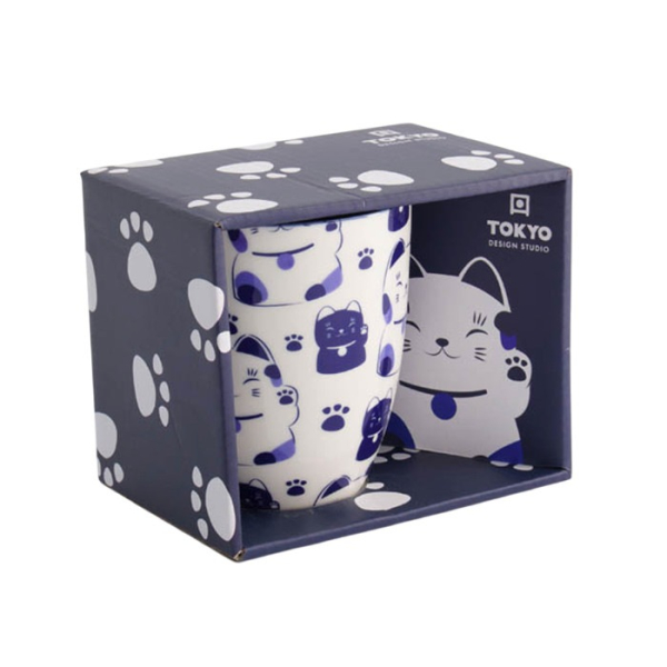 Tokyo Design Studio Tasse Kawaii Lucky Cat Blau in Geschenkbox, Porzellan, Ø 8,5 × 10,2 cm, 380 ml