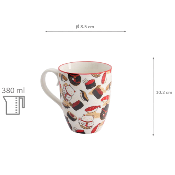 TDS, Kawaii Lucky Cat Mug W/Giftbox Cat/Sushi, 8.5x10.2cm, 380 ml, Item No. 21530