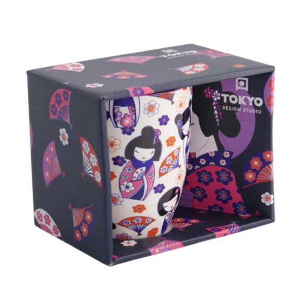 Tokyo Design Studio Tasse Kawaii Kokeshi Lila/Weiß, Porzellan, Ø 8,5 × 10,2 cm, 380 ml