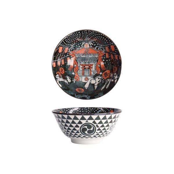 Tokyo Design Studio Reisschale Asakusa Matsuri Rot/Schwarz, Porzellan, Ø 14,8 × 7 cm, 550 ml