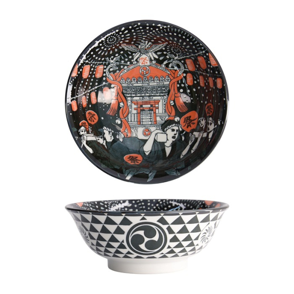 Tokyo Design Studio Nudelschale Asakusa Matsuri Weiß/Schwarz, Porzellan, Ø 20,5 × 8 cm, 1,25 l