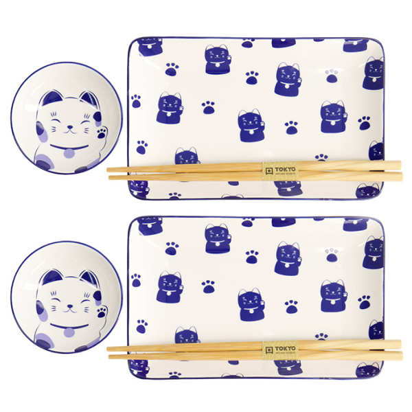 TDS, Kawaii Blue Maneko Sushi Plate Giftset Set, 4-piece set w/Chopsticks, Item No. 21671