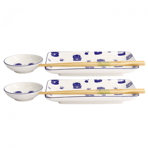 4 w/Chopsticks Kawaii Blue Maneko Sushi Plate Giftset Set at g-HoReCa (picture 3 of 6)
