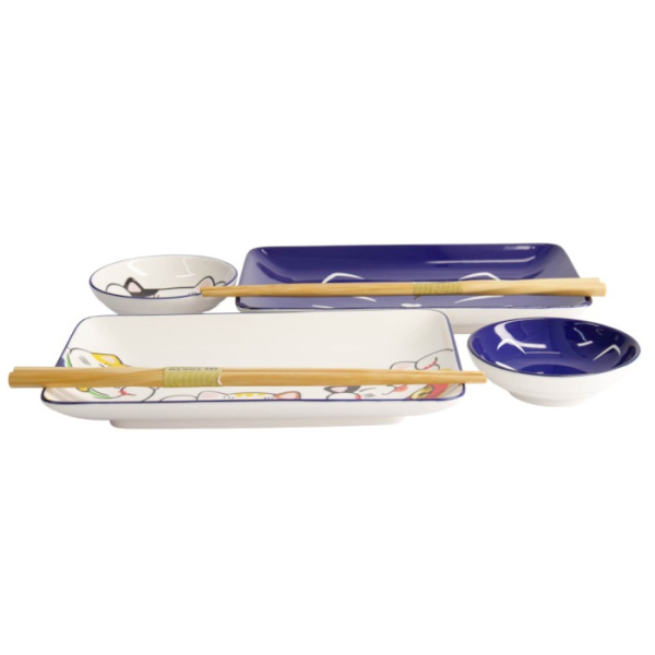 Sushi-Set Kawaii Lucky Cat Weiß/Blau, 6-tlg., Porzellan, Art.-Nr. 21691