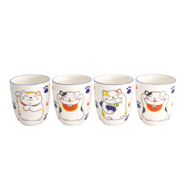 Mug Set Kawaii Lucky Cat White, 4 pcs., Porcelain, Ø 7 × 8 cm, 170 ml, Item No. 21774