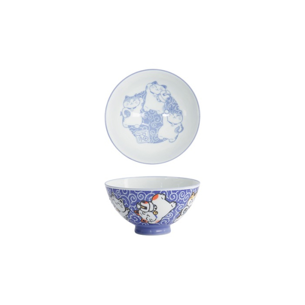 Tokyo Design Studio Rice Bowl Kawaii Karakusa Lucky Cat Blue, Porcelain, Ø 11.5 × 6 cm, 300 ml