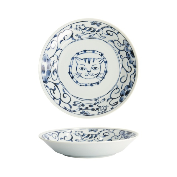 Tokyo Design Studio Flache Schale Neko Maruke Cat Weiß/Grau, Porzellan, Ø 20,7 × 3,8 cm